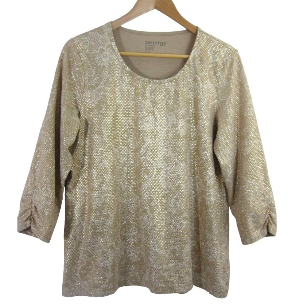 Zenergy‎ Chico's Gold Metallic Paisley Stretch Knit Top Casual Glam Womens L